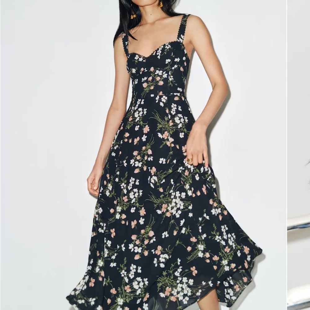 Reformation Lela Black Floral Midi Dress